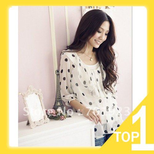 Holiday Sale Fashion Women's Lady Polka Dot 3/4 Sleeve Lotus Chiffon Shirt Blouses Tops free shipping Y3564