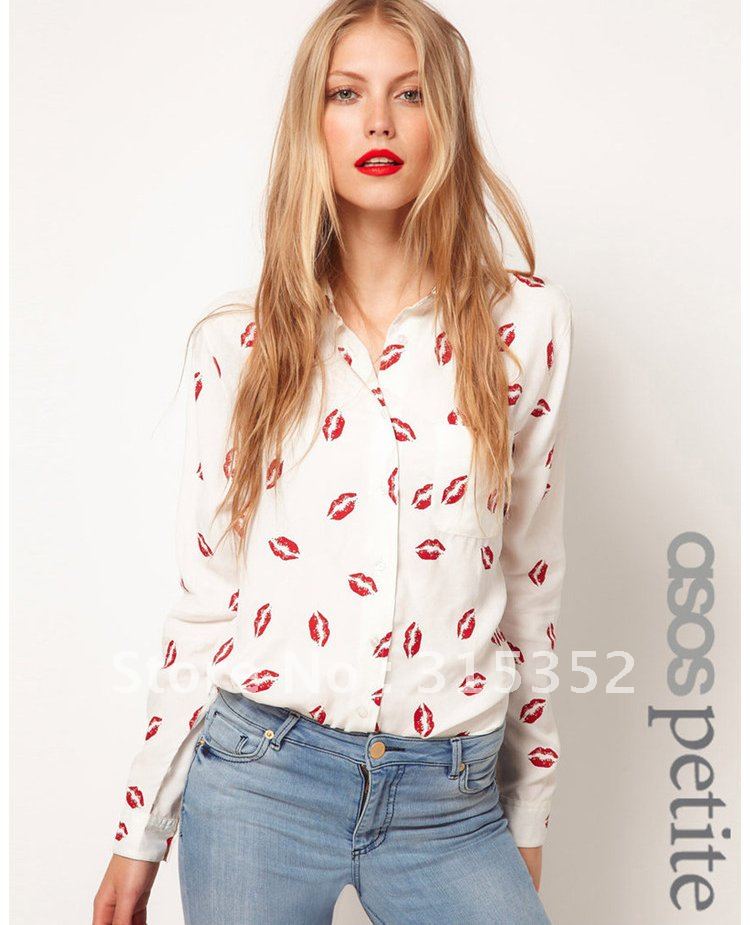 Holiday sale fashion womens' Hot Red lip print chiffon blouse quality elegant casual t shirt slim brand design free shipping