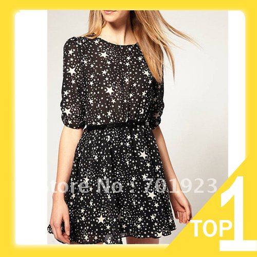 Holiday Sale FREE SHIPING STAR PRINT HALF SLEEVE SKATER DRESS WITH BELT Y3465