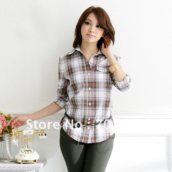 Holiday Sale Free Shipping! 2012 Autumn New Arrival Fashion Korean Aesthetic Color Plaid Lady Casual Shirts E3002