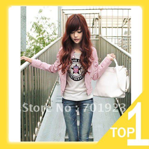 Holiday Sale Free shipping 2013 Sexy Womens Stand collar Pink Leather Jacket Short Coat Outerwear Y3134