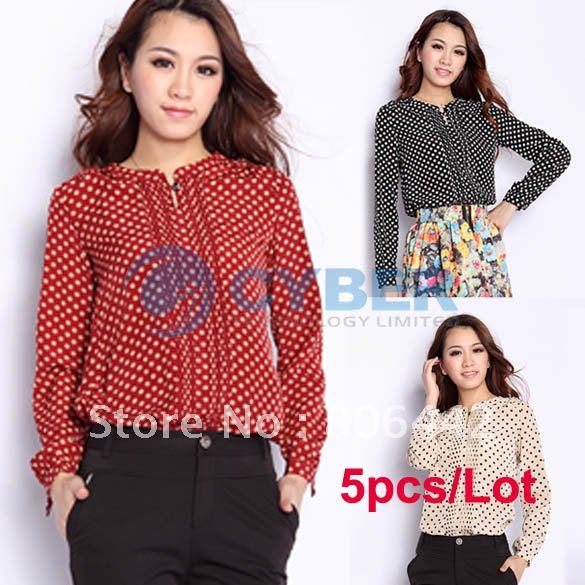 Holiday Sale Free Shipping 5pcs/Lot Korea Fashion Women's Autumn Dot Stand Collar Long Sleeve Chiffon Shirt Blouse Tops