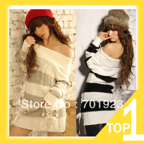 Holiday Sale Free shipping Autumn 2013 pink stripe sexy female ribbon slit neckline sweaters Dress Y6050