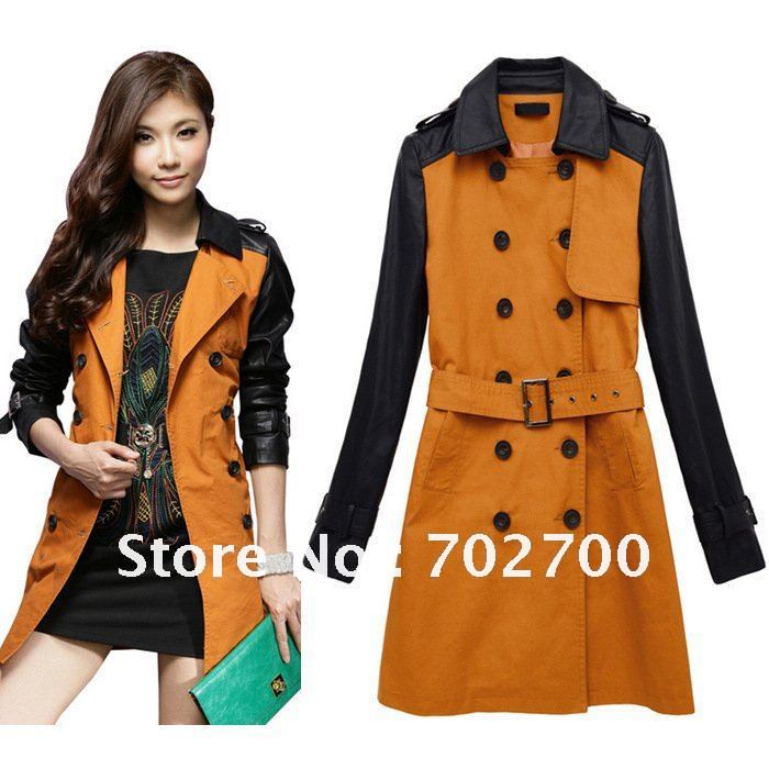 Holiday Sale Free Shipping Europe American Style Black Leather Sleeve Winter Trench Coat For Women