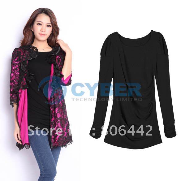 Holiday Sale Free Shipping Korea Fashion Women's Autumn Slim Round Collar Puff Sleeve Long T-shirt Shirt Tops