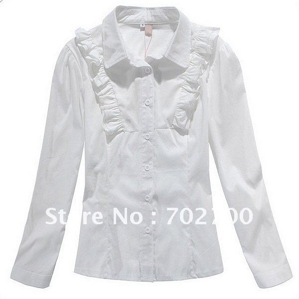 Holiday Sale Free Shipping! Plus Size Fashion Women Cotton Blouse Ruffles Turn-Down Collar Long Sleeve Office Lady Shirt Top