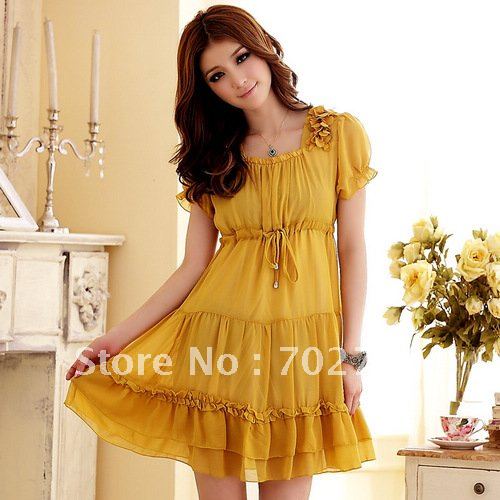 Holiday Sale Free Shipping! Spring Summer Fresh Yellow Sweet Cute Waist belt Ruffle knee length casual dress C3406Y