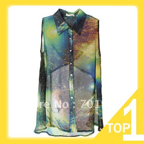 Holiday Sale Free Shipping Star chiffon shirt collar sleeveless placed loose Y3896