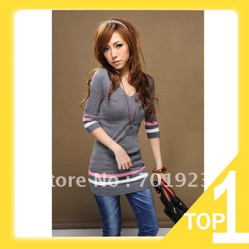 Holiday Sale Free Shipping women pullover  V-neck stripe thin sweater Y3986