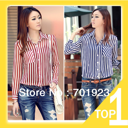 Holiday Sale Free shipping  women's single pocket vertical stripe chiffon long-sleeved shirt  Y7006