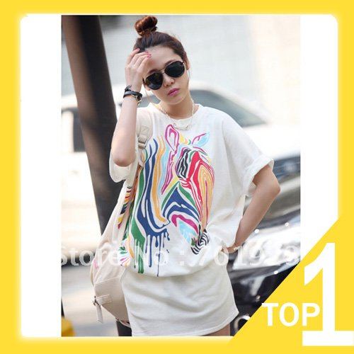 Holiday Sale Free shipping Womens Loose Colorful Zebra Round Neck Short Sleeve Shirt Dress Skir Y3353