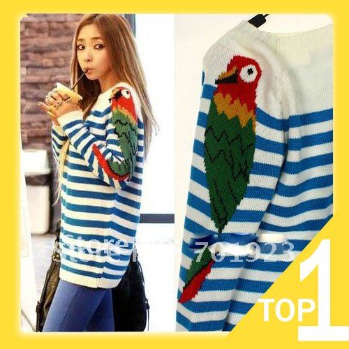 Holiday Sale Holiday Sale Free Shipping Fashion Parrot Bird Pattern Printing long-sleeve striped sweater pullover sweater Y2708