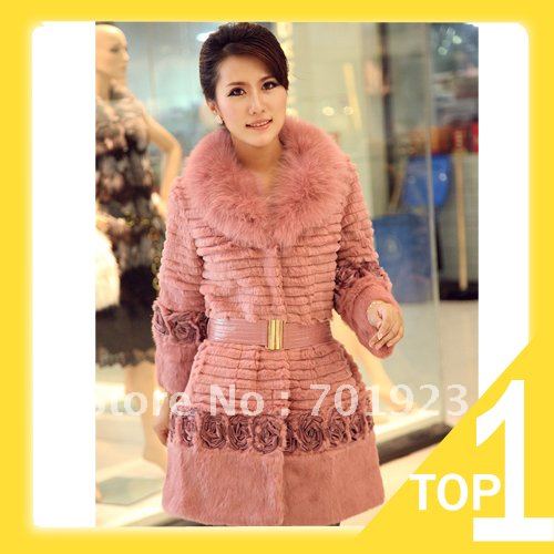 Holiday Sale KomooVogue Women's Top Sale Fox Fur Collar Jacket with Striped Rabbit Fur Garment Coat Y2652