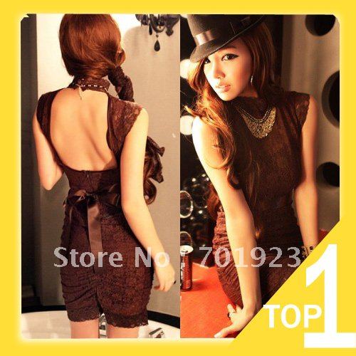 Holiday Sale ladies' fashion sexy hot night club fashion lace backless women's dress Brown free shipping Y3051