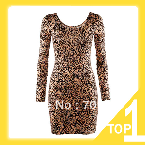 Holiday Sale Leopard Long-sleeved Fitted Dress free shipping for epacket and cpam Y6089