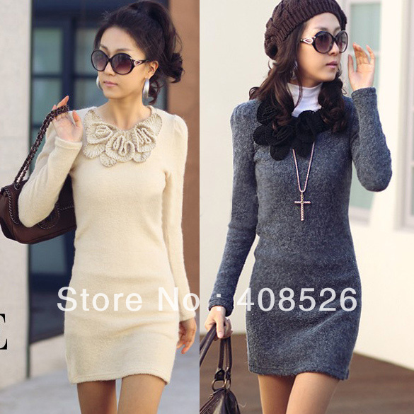 Holiday Sale New Fashion Mini Long Sleeve Butterfly Flower Fleece Woollen Sweater Short Skirt Dress free shopping  3533