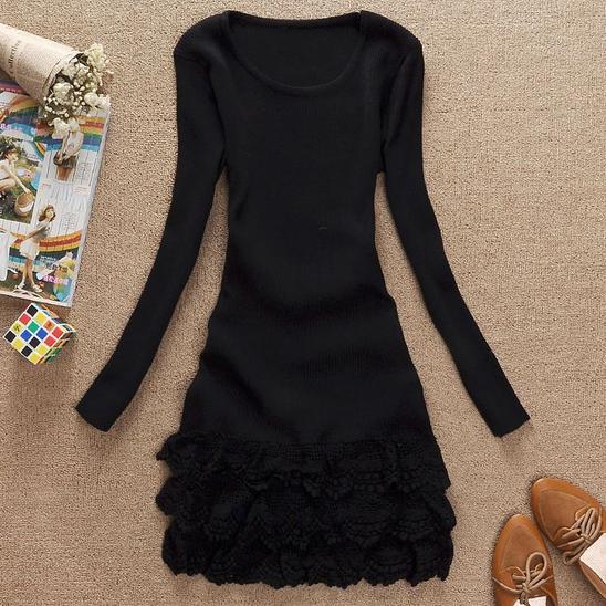 Holiday Sale New Fashion Mini Long Sleeve Flower Woollen Sweater Short Skirt Dress free shopping