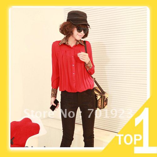 Holiday Sale New Sexy Ladies Long Sleeve Leopard Chiffon Shirts Women Button Down Pleated Tops Blouse free shipping Y3904