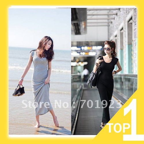 Holiday Sale Women sexy Korean Leisure Dynamic Lace up Back Slim Long Dress 2 Colors free shipping Y3455