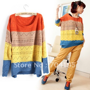 Hollow  Long sleeve  loose Knitwear  Multicolor stripe sweater  cutout loose pullover sweater