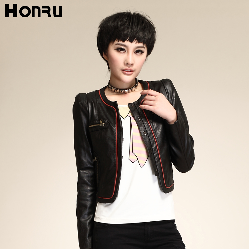 Honru autumn new arrival small leather clothing female short design slim PU jacket fashion single breasted popper motorcycle