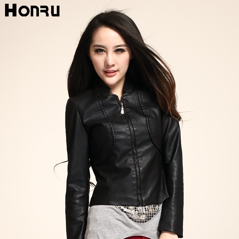 Honru2012 water wash PU motorcycle short design black small leather clothing outerwear slim stand collar women's