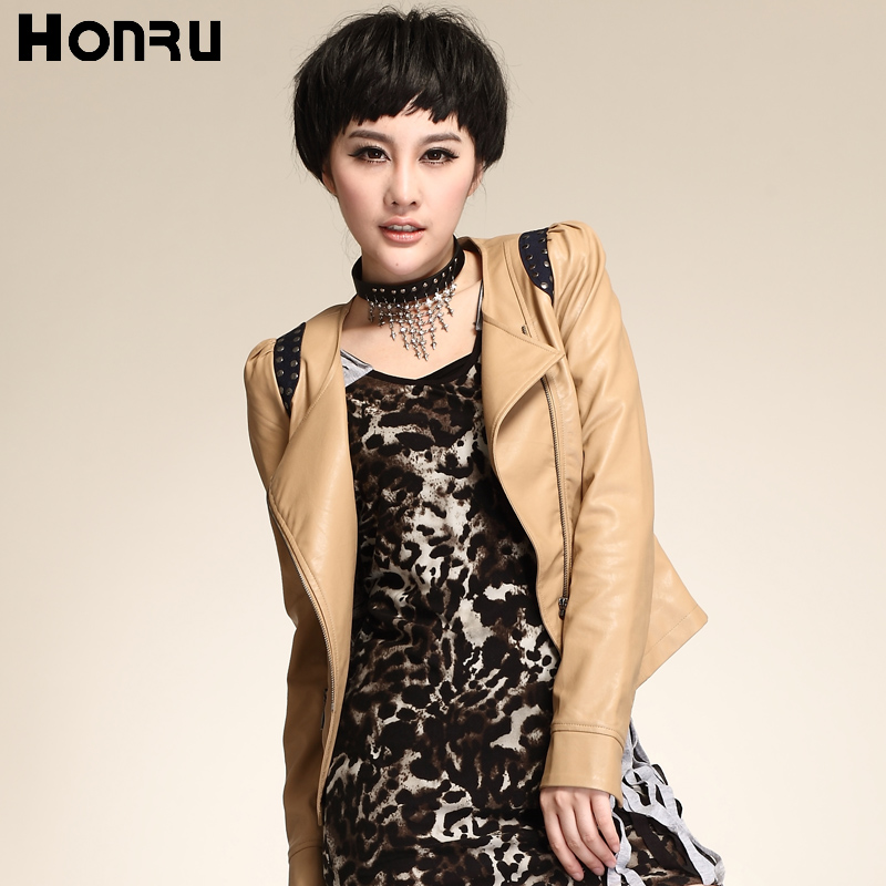 Honru2013 autumn motorcycle small leather clothing outerwear short design female fashion slim rivet puff sleeve jacket