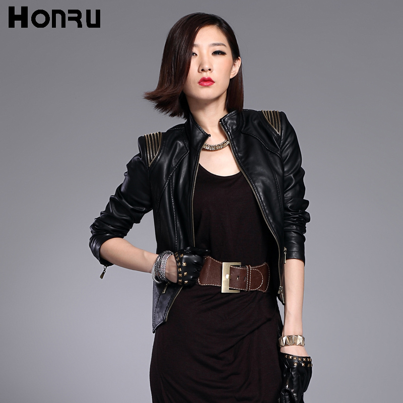 Honru2013 autumn PU outerwear fashion slim short design zipper small leather clothing water washed leather stand collar women's