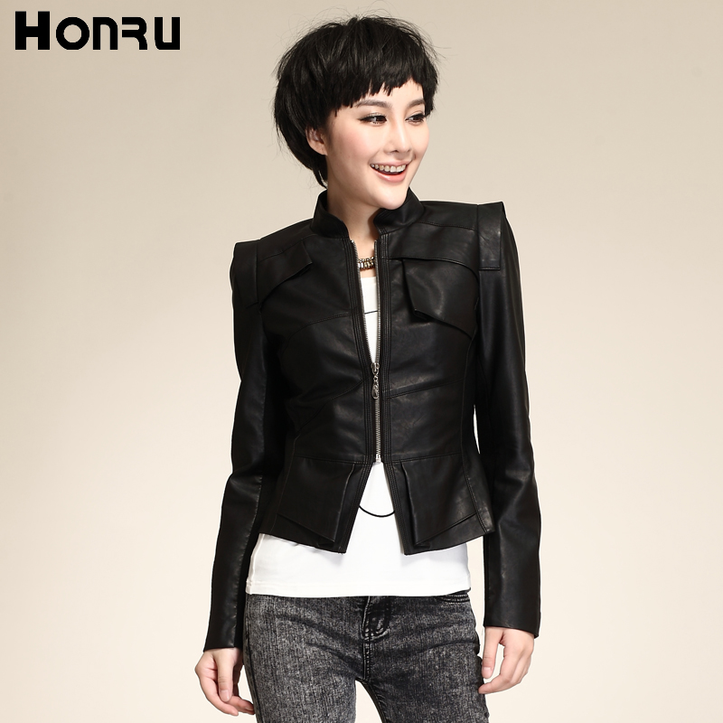 Honru2013 autumn stand collar slim small leather clothing short design female water washed leather PU suit jacket