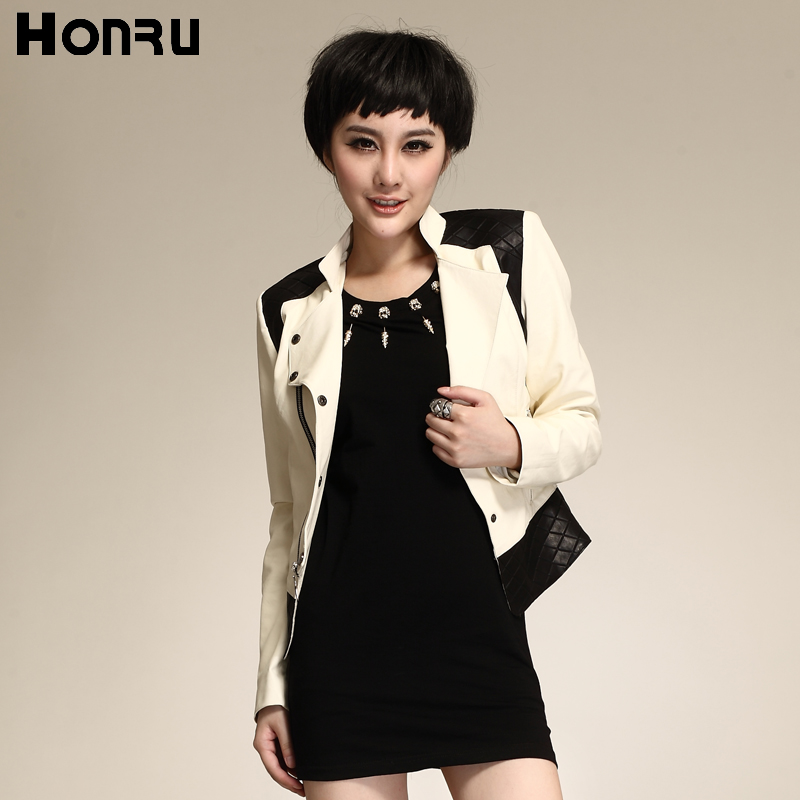 Honru2013 autumn women's fashion patchwork PU small leather clothing slim short design women's coat