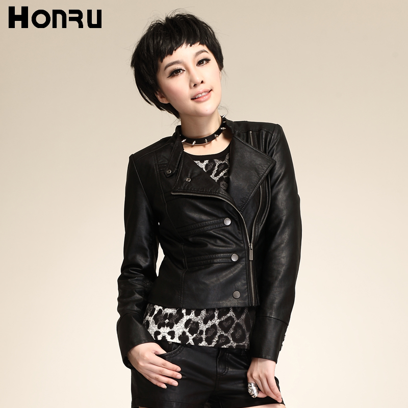 Honru2013 autumn women's fashion slim short design PU small leather clothing oblique zipper motorcycle outerwear female