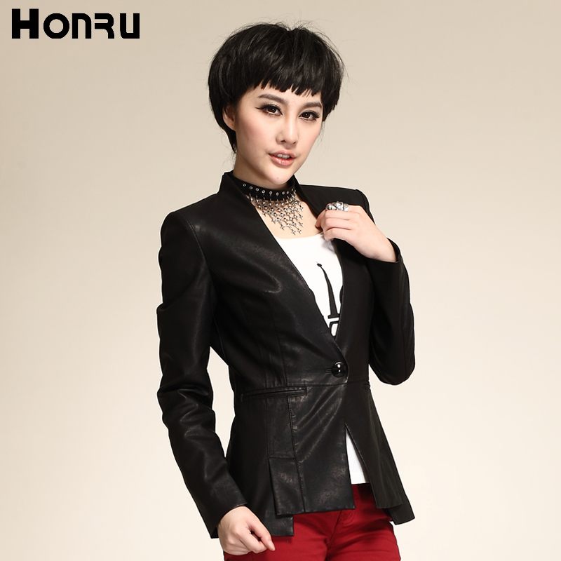 Honru2013 autumn women's slim suit PU small leather clothing water wash short design outerwear female