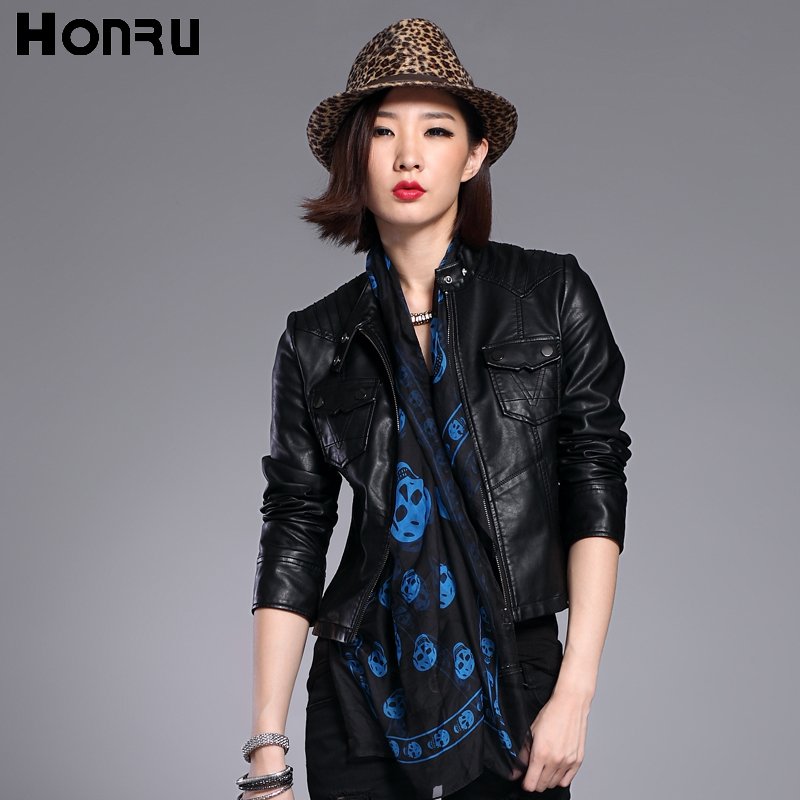 Honru2013 short design slim coat female fashion stand collar plus cotton zipper PU clothing female