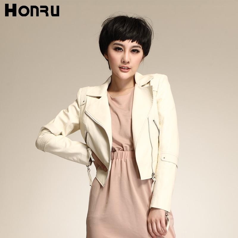 Honru2013 women's fashion beige short design slim PU small leather clothing zipper autumn outerwear female