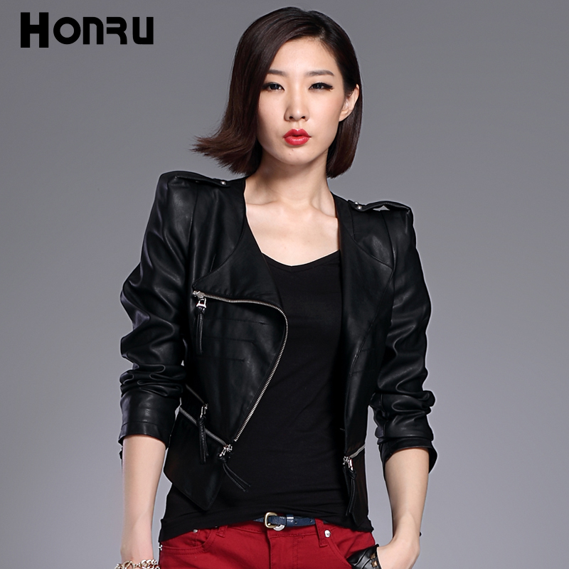 Honru2013 women's leather clothing short design slim outerwear fashion motorcycle PU jacket o-neck women's