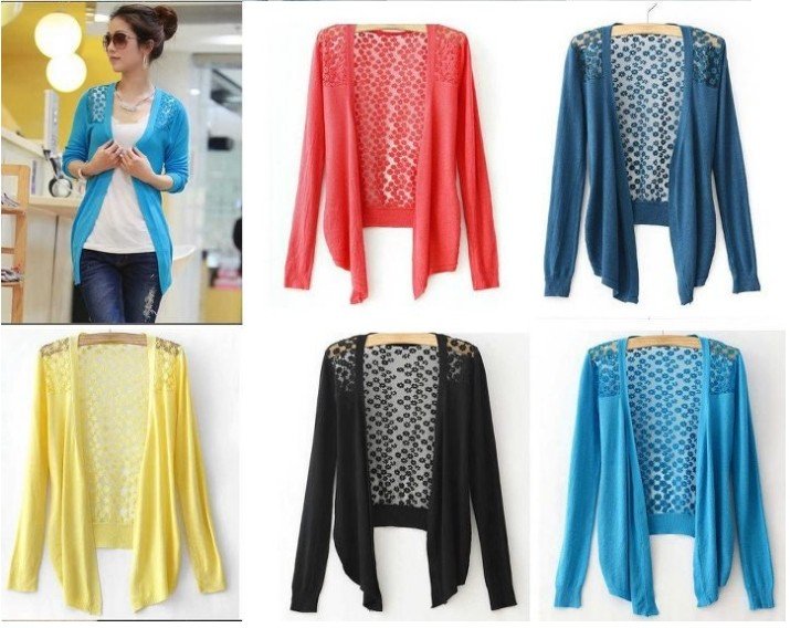 hot !!12 colors irregular hem cotton women's ladies' back hollow lace knitted cardigans cut out sweaters sun shawl