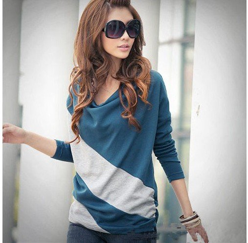 HOT!!2012 NEW Good quality women's loose cotton striped  stripes pacthwork batwing LONG sleeves T shirt