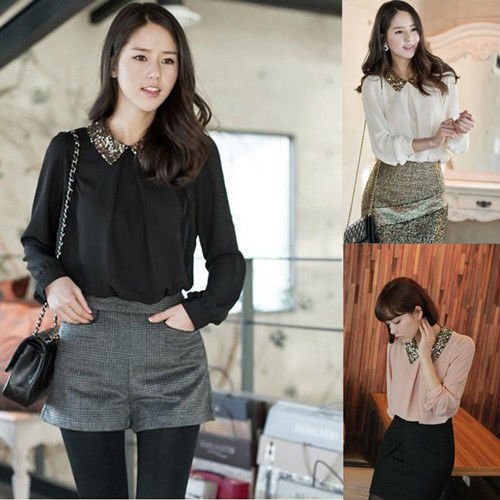 HOT!2012 NEW PAILLETTI COLLAR LONG SLEEVE CHIFFON SHIRT BLOUSE TOP NO.0049