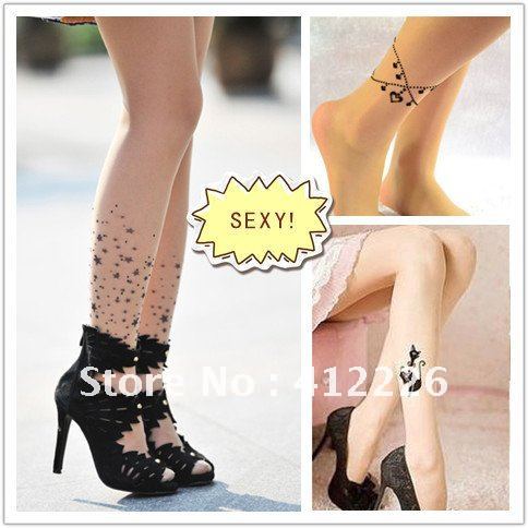 HOT! 2012 summer ladies sexy vintage silk stockings ultrathin flocking tattoo leggings tights panty hose Transparent black/white