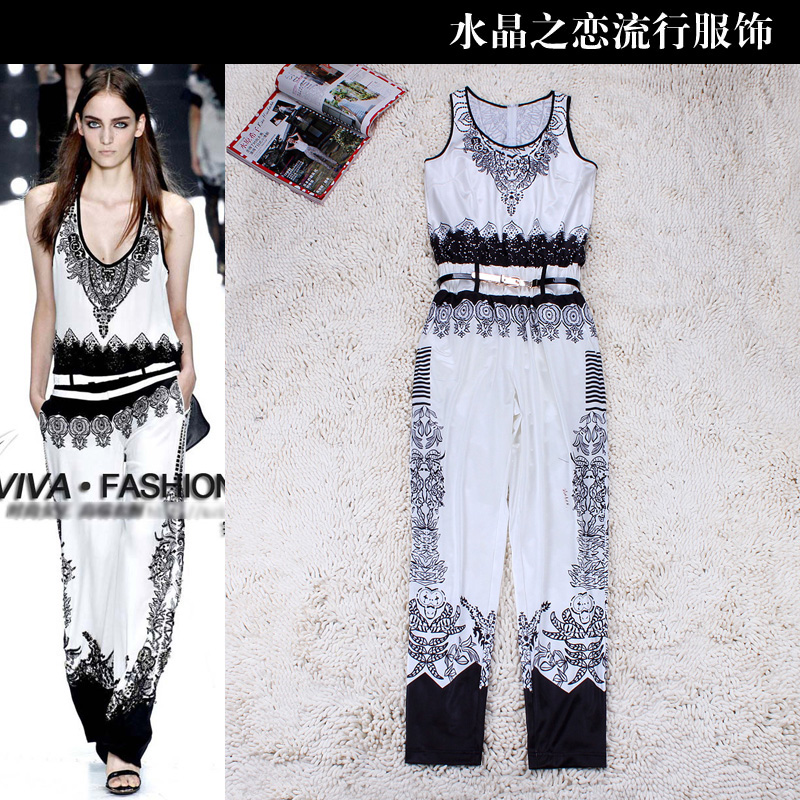 Hot! 2013 Fashion Blue and White Porcelain Ruslana Korshunova Print Slim Jumpsuit For women