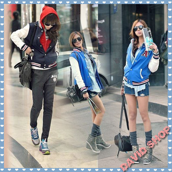 Hot! 2013 Korean Women Fall Tides Casual Baseball Jacket, Two Colors: Dark Blue, Light Blue