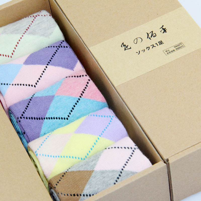 HOT! 5 double dimond plaid gift box 100% cotton socks 100% cotton autumn and winter sock women's 100% cotton socks