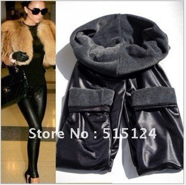 Hot Artificial leather thickening wide waist double-layer warm pants Plus velvet leggings 2pcs/lot