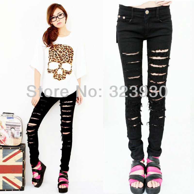 HOT Black Cotton Denim Ripped Punk Cut-out Women Skinny pants Jeans Jeggings Trousers Size SML free shipping,AE183