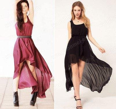 Hot Black Wine Red Fashin Women's Sexy Sleeveless Irregular Chiffon Skirt Dress