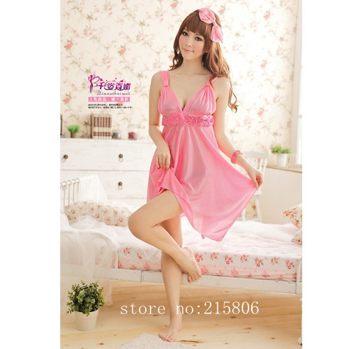 Hot Charming Lady Rose Chiffon Dress Pajamas Sleepwear - Rosy 8835