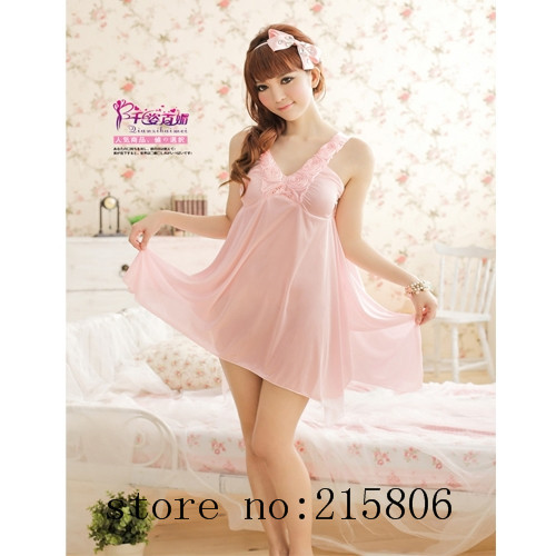 Hot Charming Sexy Satin Lace Ruffled Dress Pajamas Sleepwear - Pink 8840