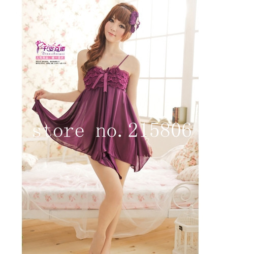 Hot Charming Sexy Satin Lace Ruffled Dress Pajamas Sleepwear - Purple 8839