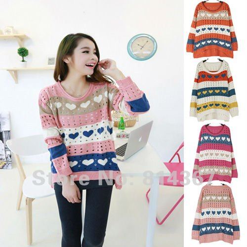 Hot!!Cute Crew Neck Long Sleeve Striped Heart Partten Hole Sweater Jumper WF-0044