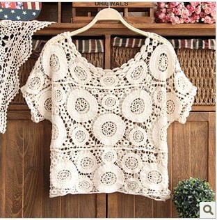 Hot Fashion Beige Embroidery Floral Lace Crochet Blouse Tee Top T Shirt New  Short Sleeve